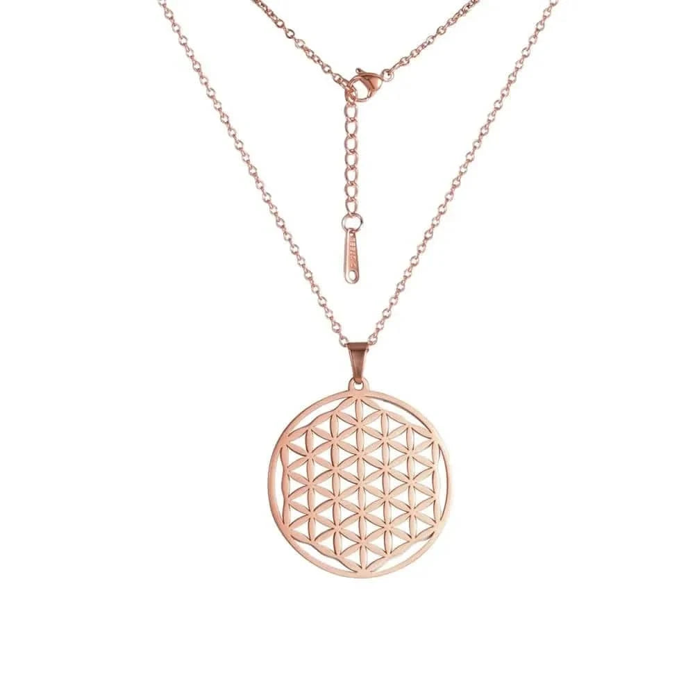 Rose gold geometric pendant necklace on a white background