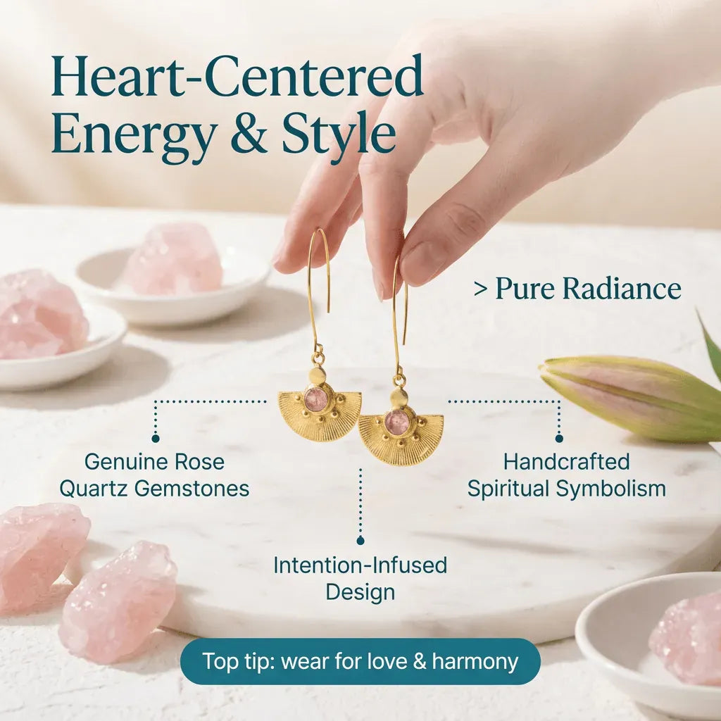 Gold earrings with rose quartz gemstones held by a hand, surrounded by rose quartz crystals on a soft background.