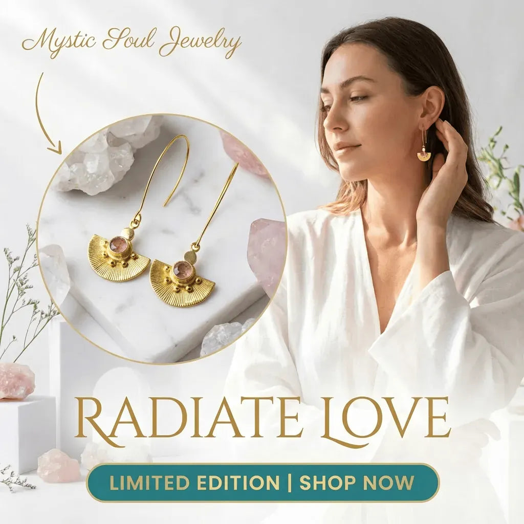 Woman wearing gold earrings with 'Mystic Soul Jewelry' branding and 'Radiate Love' text.