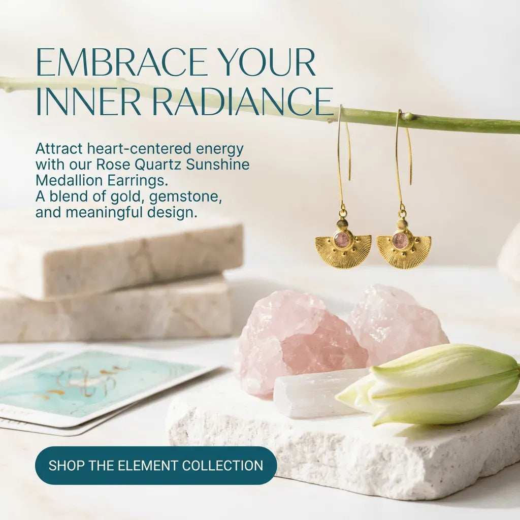 Rose Quartz Sunshine Medallion Earrings with stones and card on a white surface