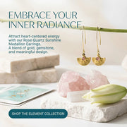 Rose Quartz Sunshine Medallion Earrings with stones and card on a white surface