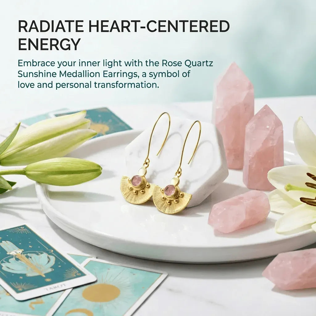Rose Quartz Sunshine Medallion Earrings with crystals and flowers on a white surface