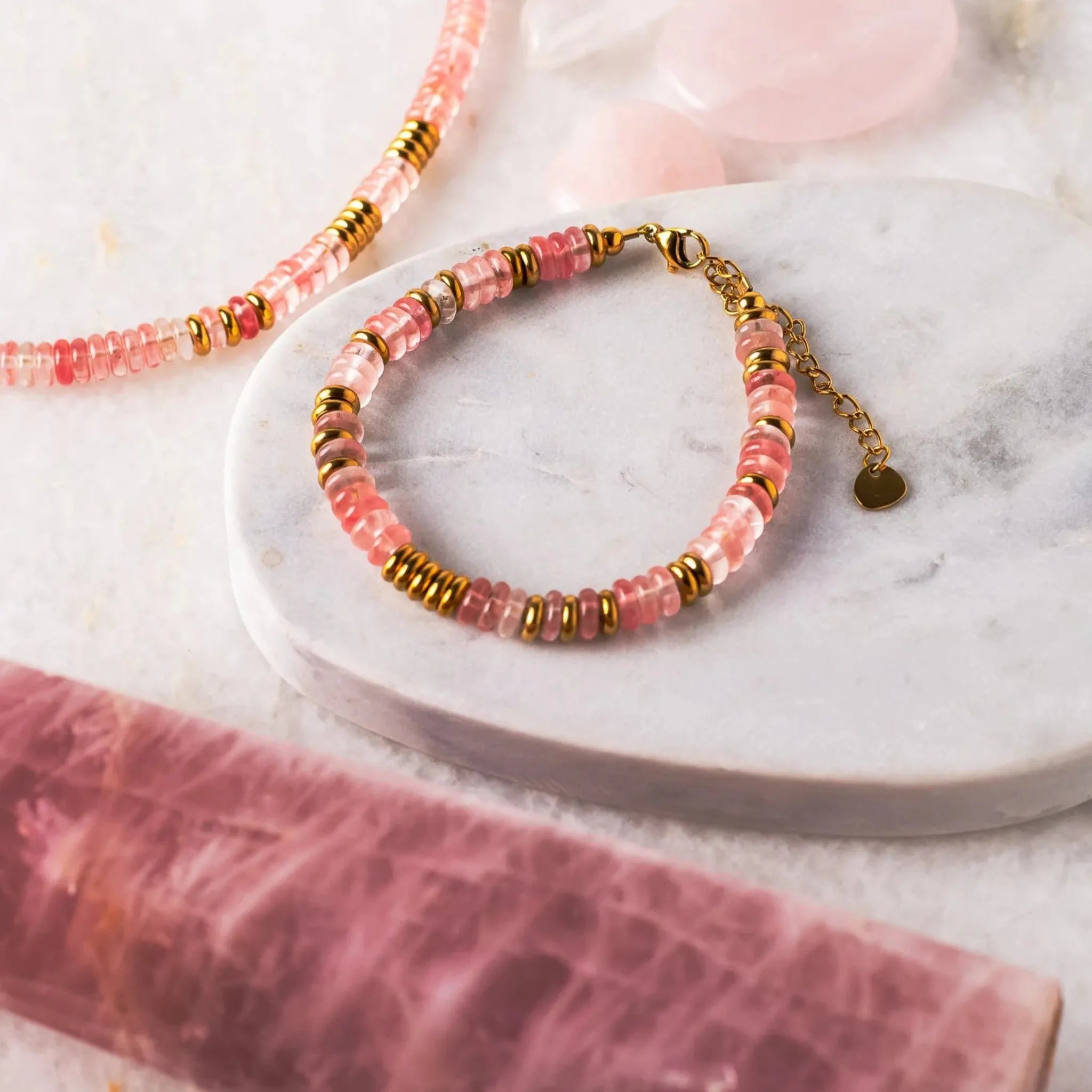 rose quartz beaded bracelet and necklace