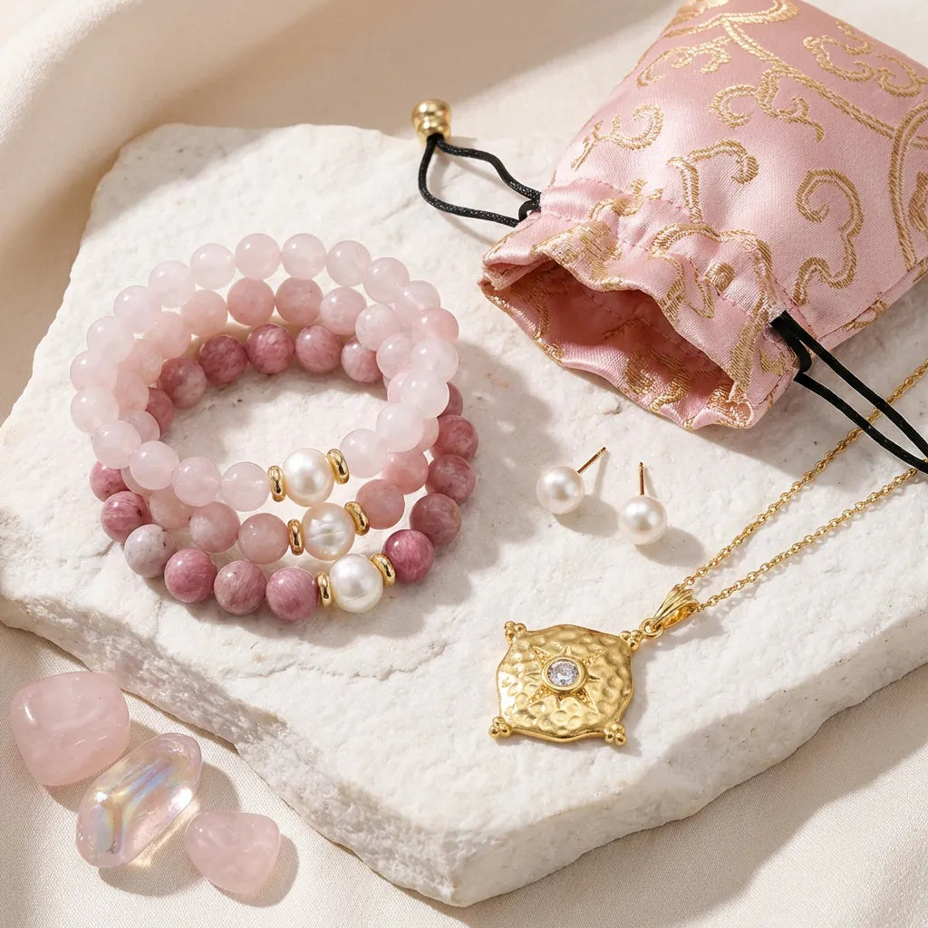 Jewelry set including bracelets, necklace, and earrings on a textured surface with a decorative bag.
