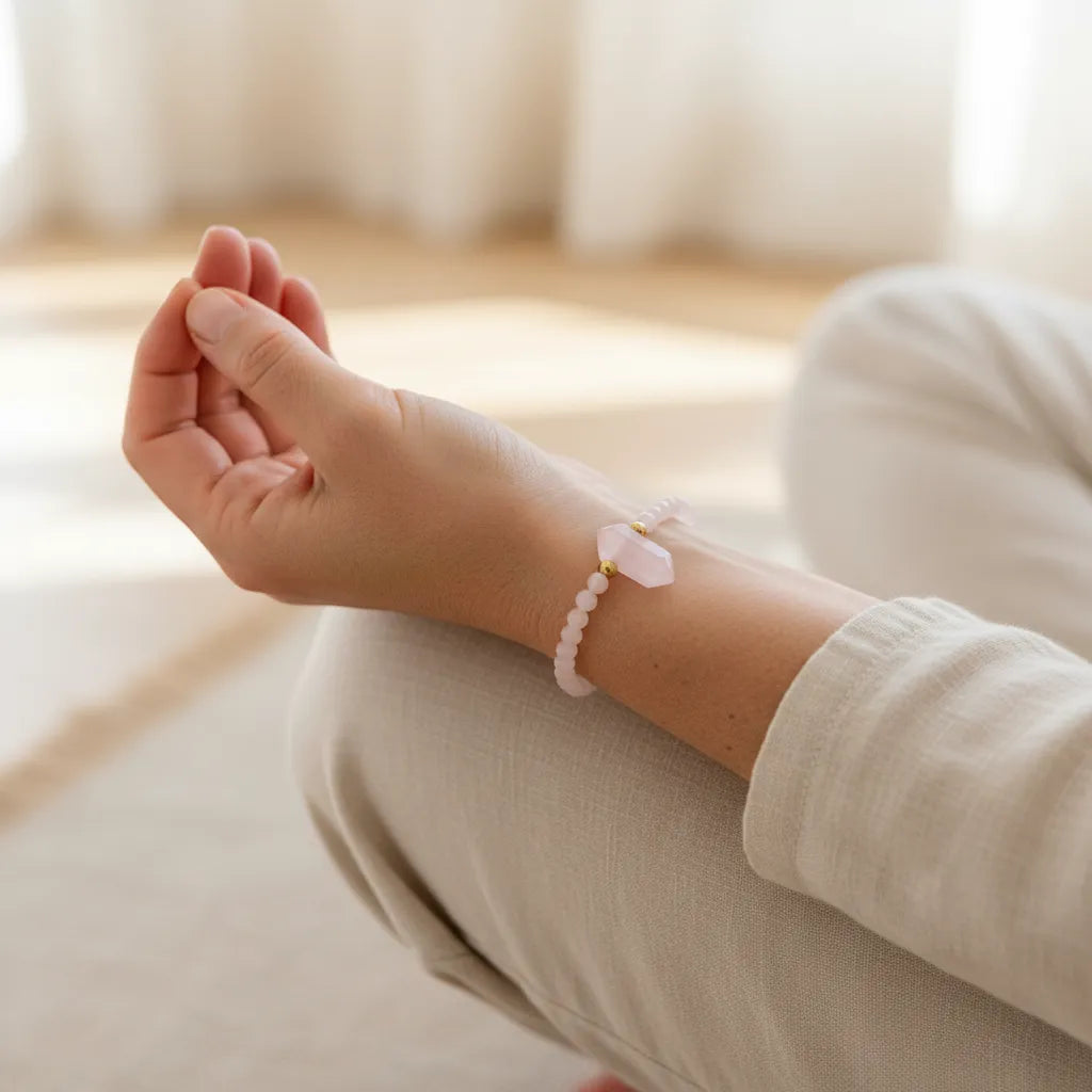 rose quartz hexagon column stone bracelet — heart chakra jewelry for love