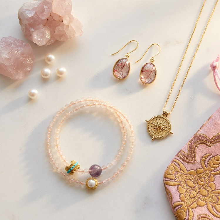 Jewelry set including earrings, bracelet, and pouch on a marble surface  