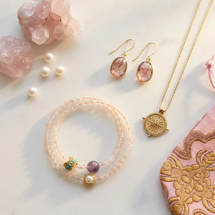 Jewelry set including earrings, bracelet, and pouch on a marble surface  