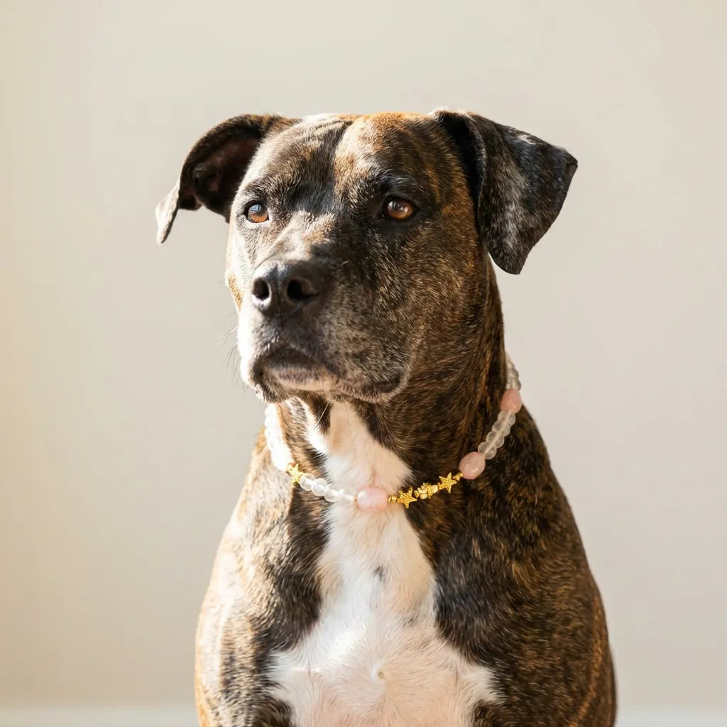 Brindle-colored dog with a white chest sitting against a plain background
