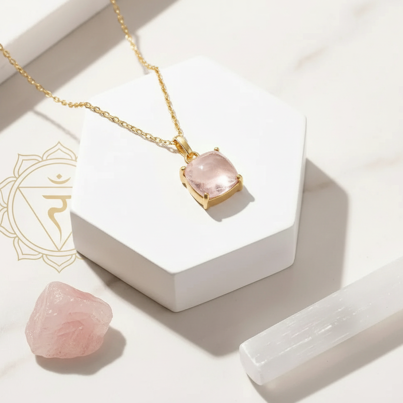 Gold necklace with a pink heart-shaped pendant on a white surface
