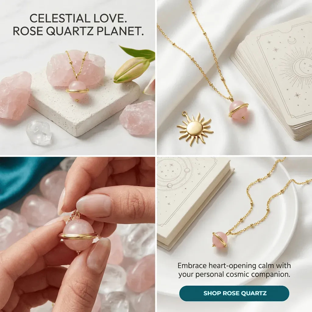 Rose quartz jewelry set with necklace, earrings, and crystal on a white background.