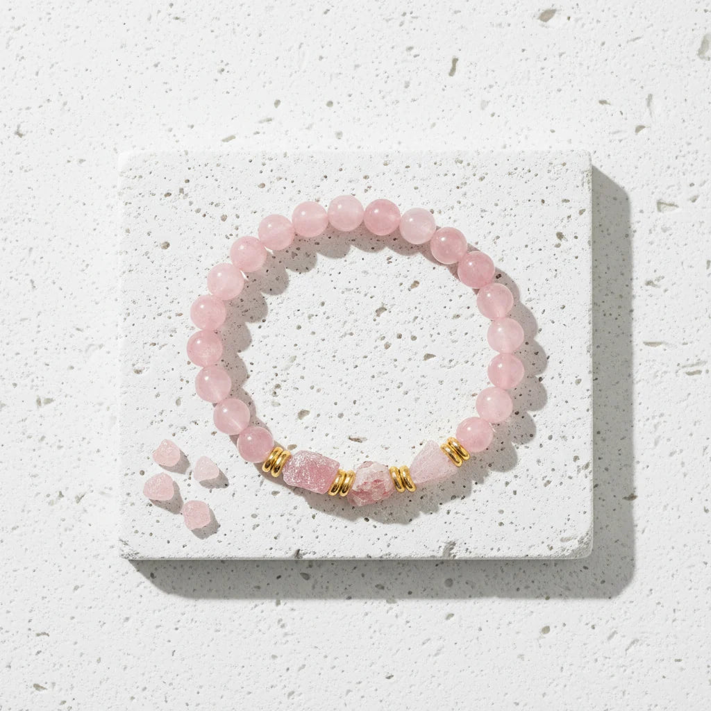Rose quartz raw nugget stretch bracelet with 8 mm rough pink stone beads
