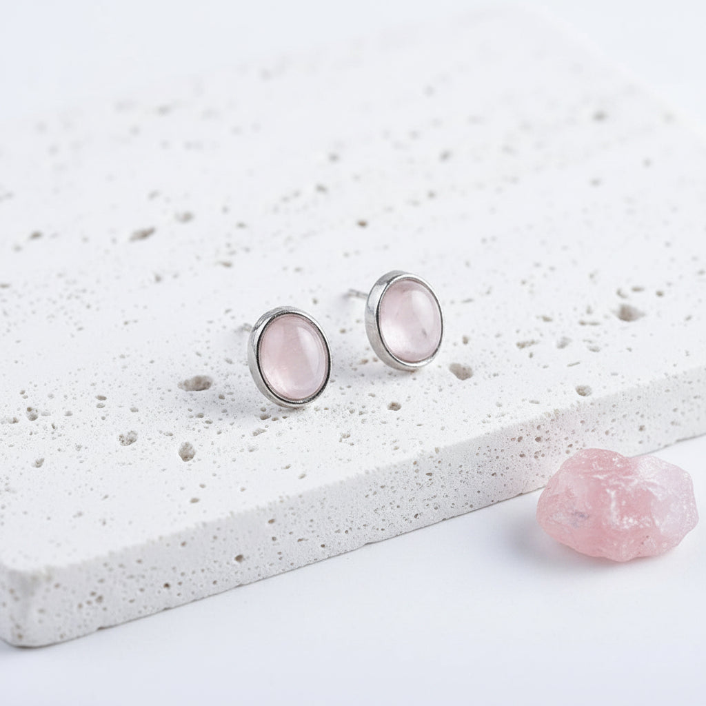 Rose quartz oval stud earrings in sterling silver — soft pink Heart chakra gemstone studs