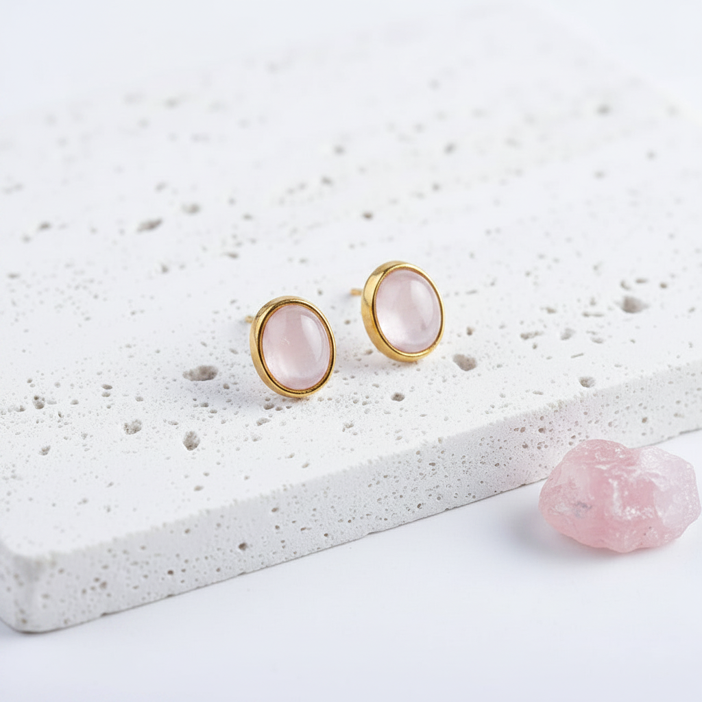 Rose quartz oval stud earrings in gold-plated sterling silver — small pink gemstone studs