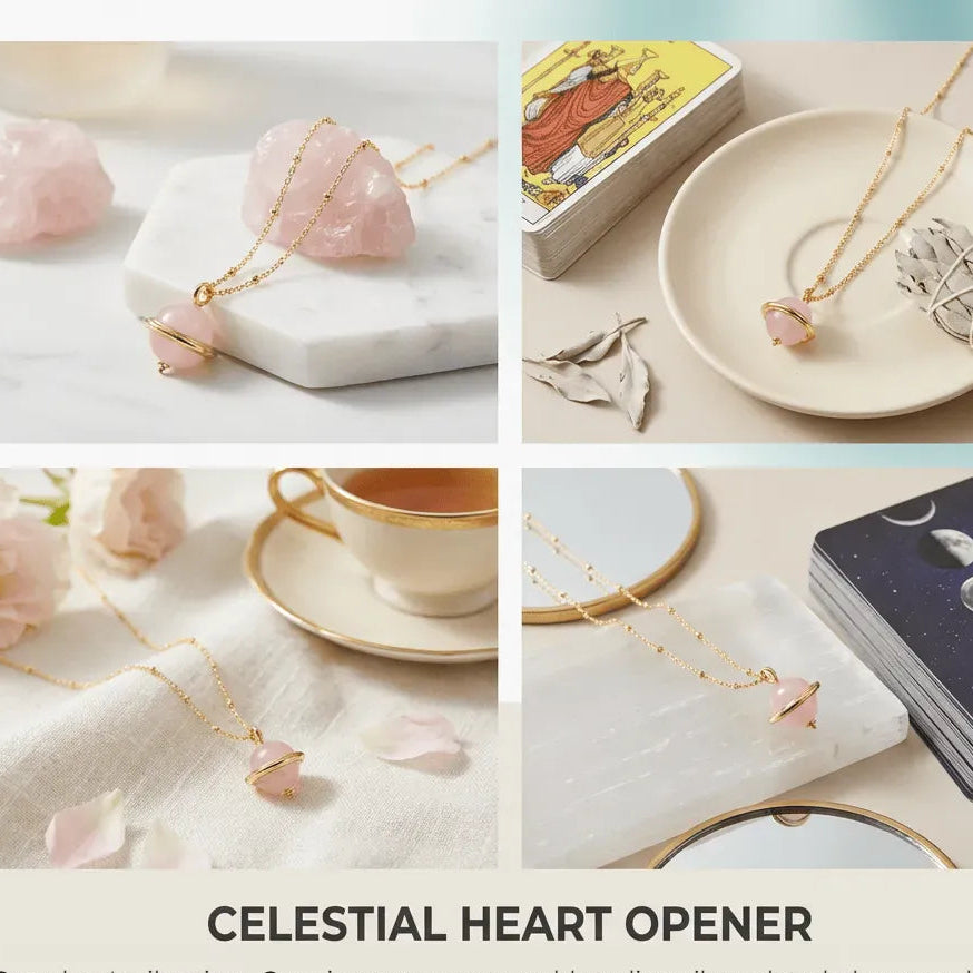 Necklace with rose quartz and gold elements on a decorative setting with cards and tea.