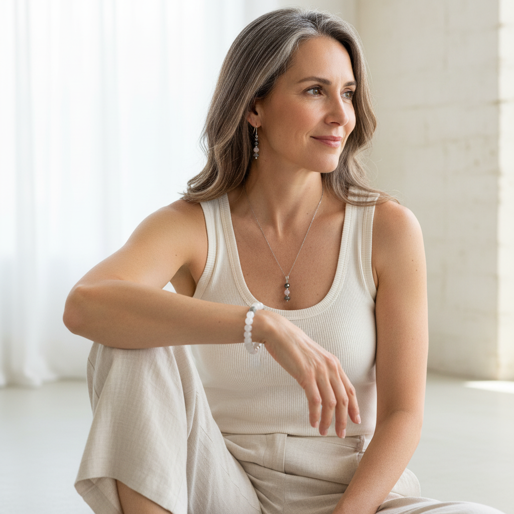 Still Light necklace and earrings shown with the selenite stretch bracelet as a coordinating labradorite and rose quartz set
