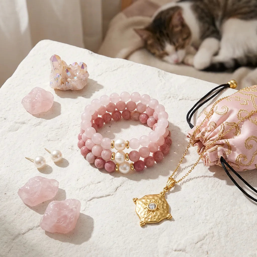 Pink beaded bracelets, necklace, and crystals on a textured surface with a cat in the background.