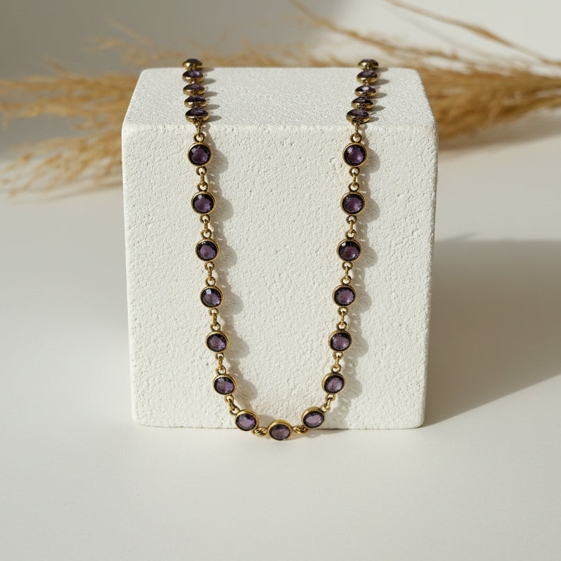 Amethyst purple faceted hydro quartz bead necklace on gold plated chain, detail of 6 mm beads
