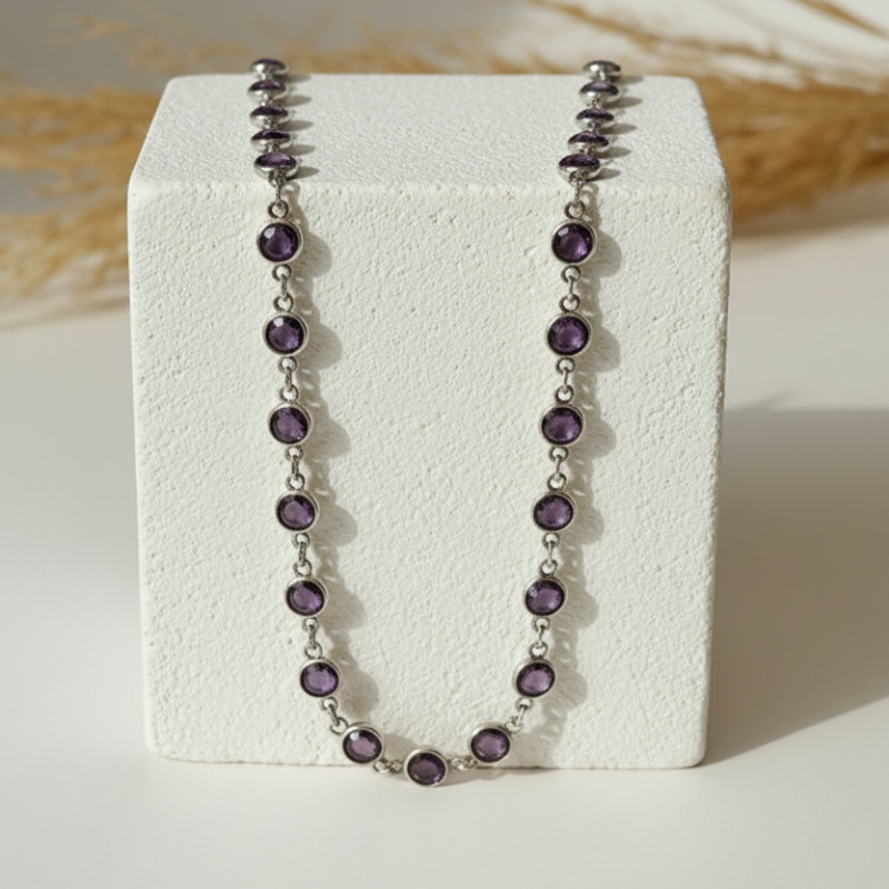 Amethyst purple faceted hydro quartz bead necklace on silver plated chain, 30 inch long layering strand