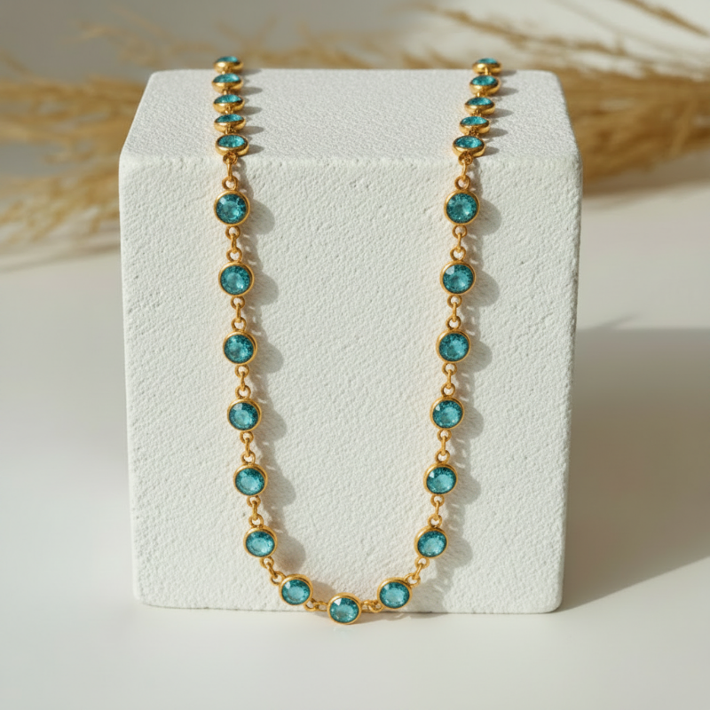 Aqua faceted hydro quartz bead necklace on gold plated chain, 30 inch long layering strand