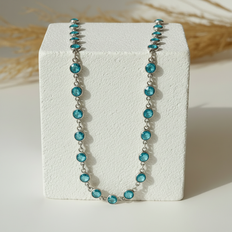 Aqua faceted hydro quartz bead necklace on silver plated chain, 30 inch long layering strand