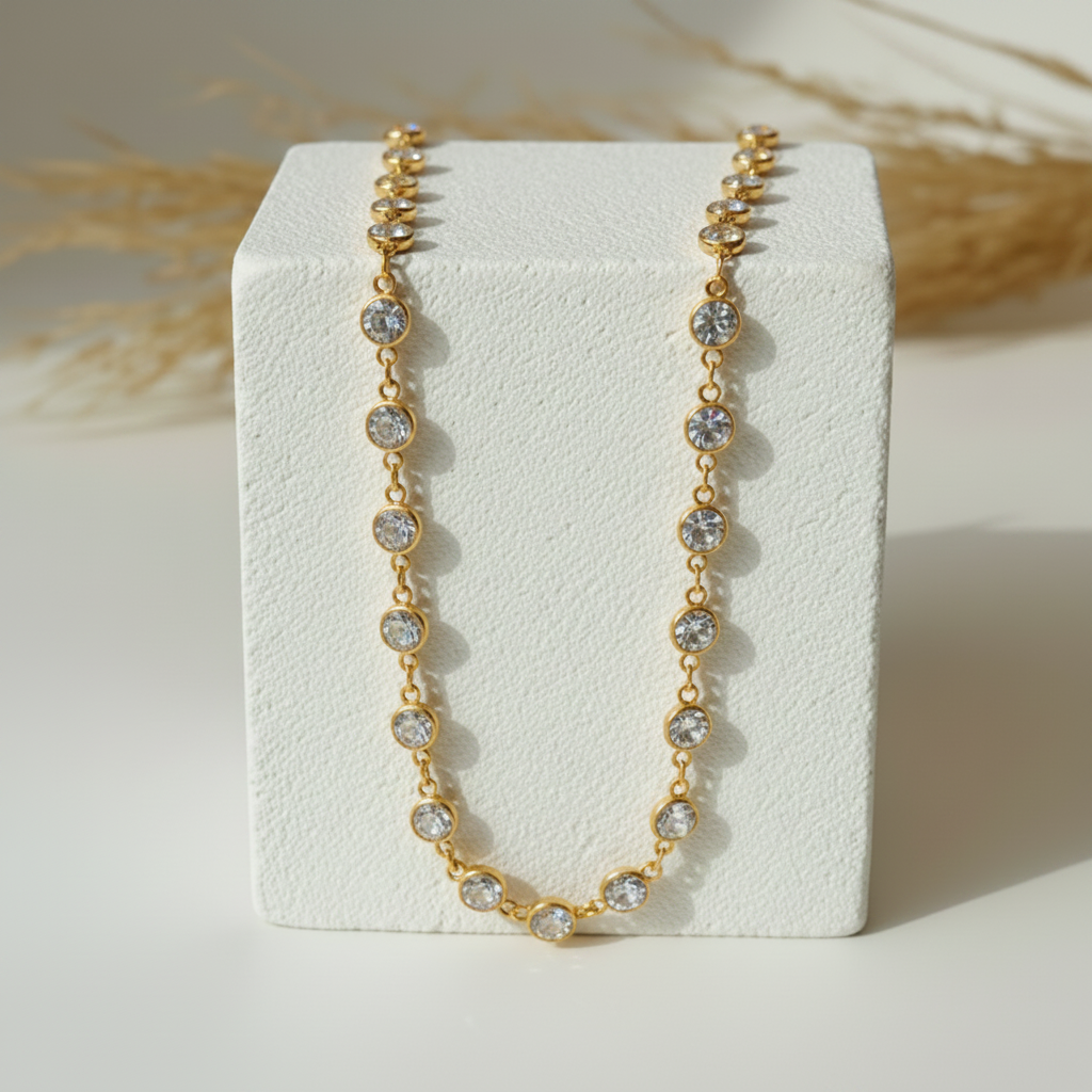 Clear faceted hydro quartz bead necklace on gold plated chain, 30 inch long layering strand
