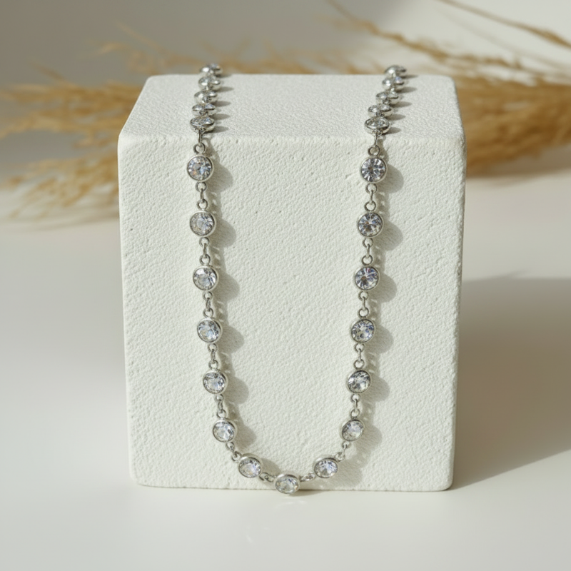 Clear faceted hydro quartz bead necklace on silver plated chain, 30 inch long layering strand