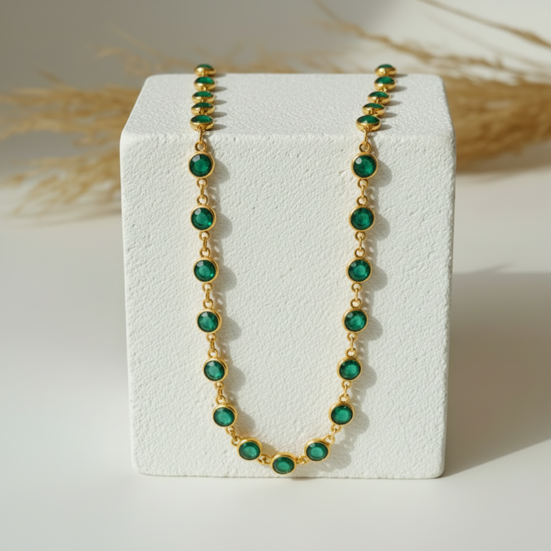 Emerald green faceted hydro quartz bead necklace on gold plated chain, 30 inch long layering strand