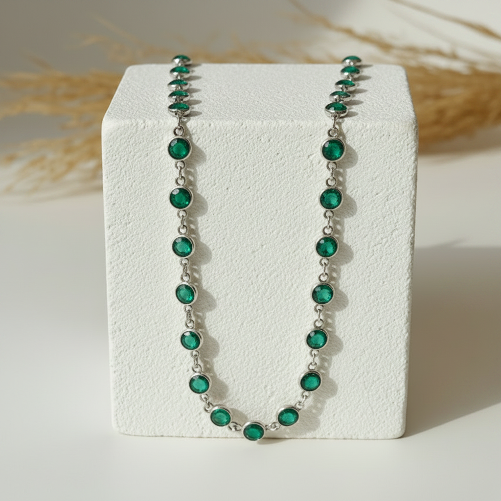 Emerald green faceted hydro quartz bead necklace on silver plated chain, 30 inch long layering strand