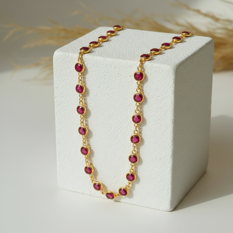 Ruby red faceted hydro quartz bead necklace on gold plated chain, 30 inch long layering strand
