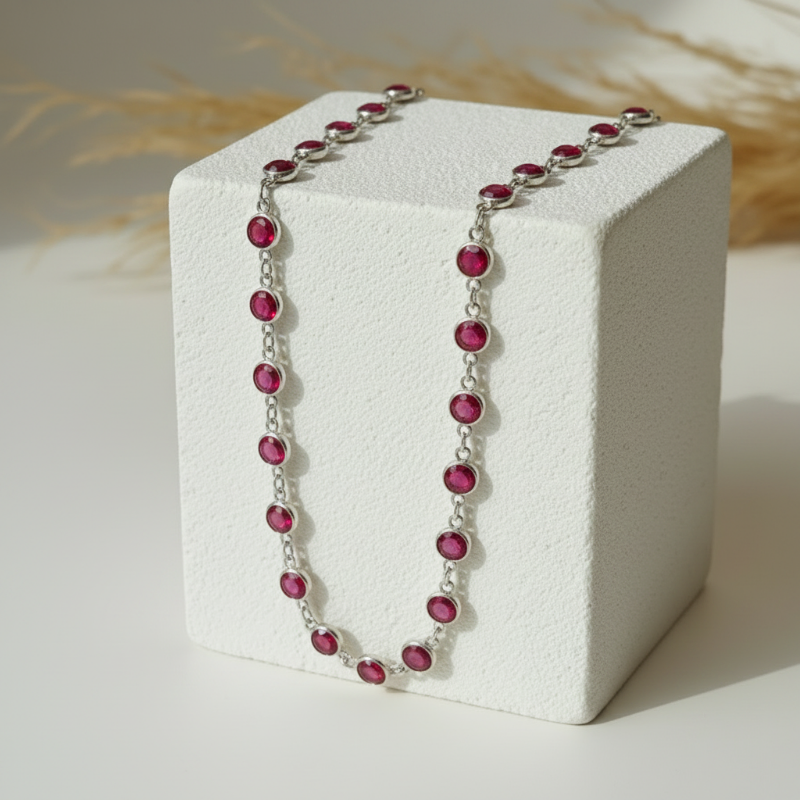 Ruby red faceted hydro quartz bead necklace on silver plated chain, 30 inch long layering strand
