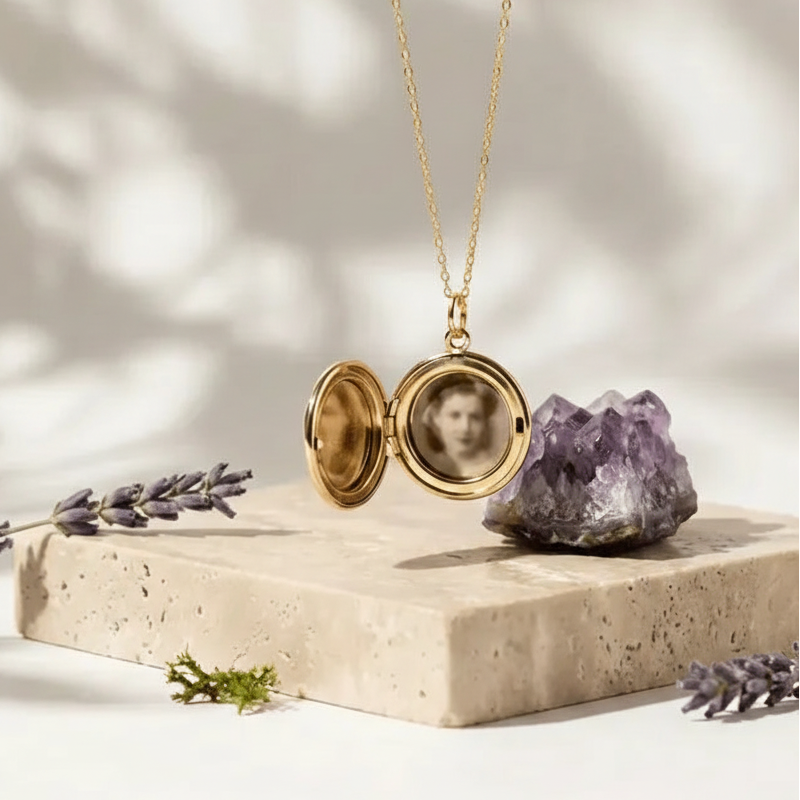 Gold locket with photo on a stone surface with lavender and amethyst, text 'Cherish Every Moment. Keep your memories close.'