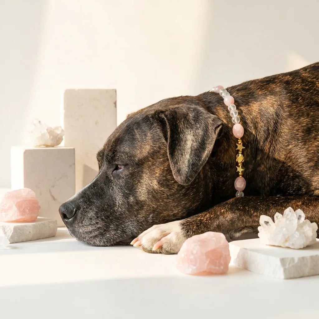 Dog wearing a beaded collar with crystals on a white surface