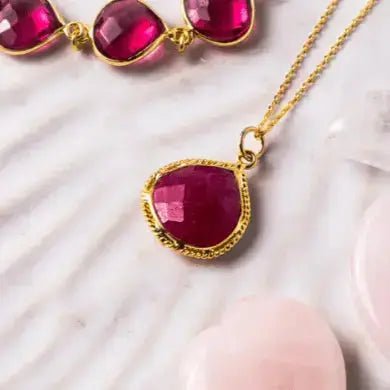 Ruby Drop Necklace | Faceted Opaque Stone with Detailed Gold Design - Mystic Soul Jewelry