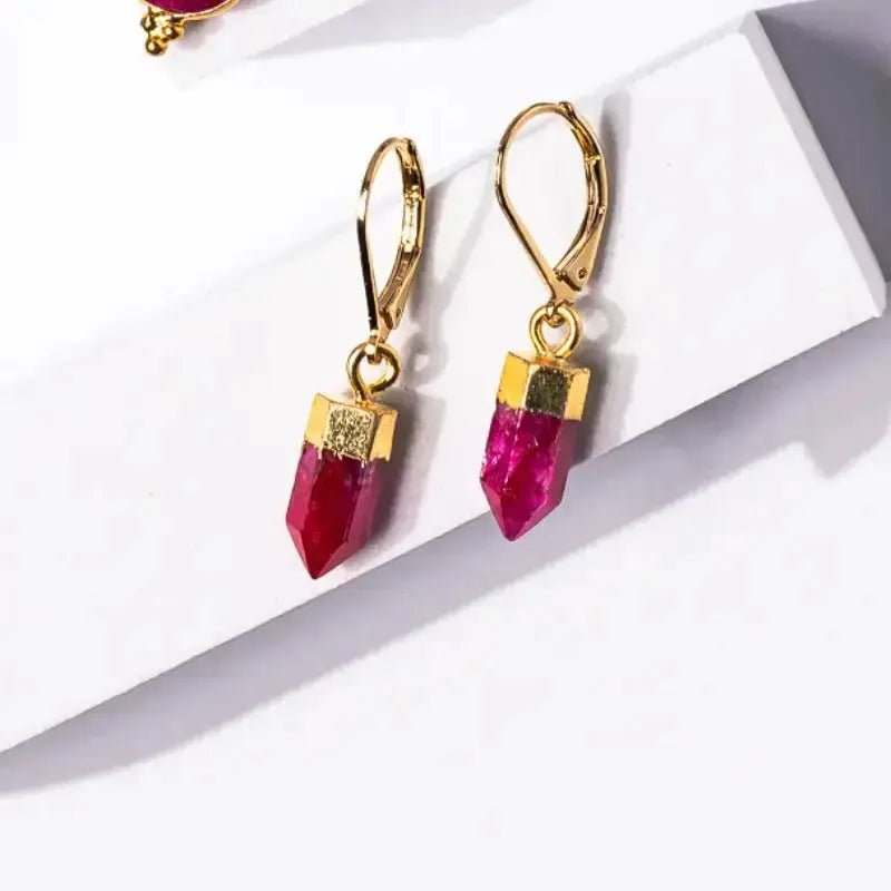 Ruby Five-Sided Point Crystal Earrings | Gold-Plated Leverback July Birthstone Design Mystic Soul Jewelry