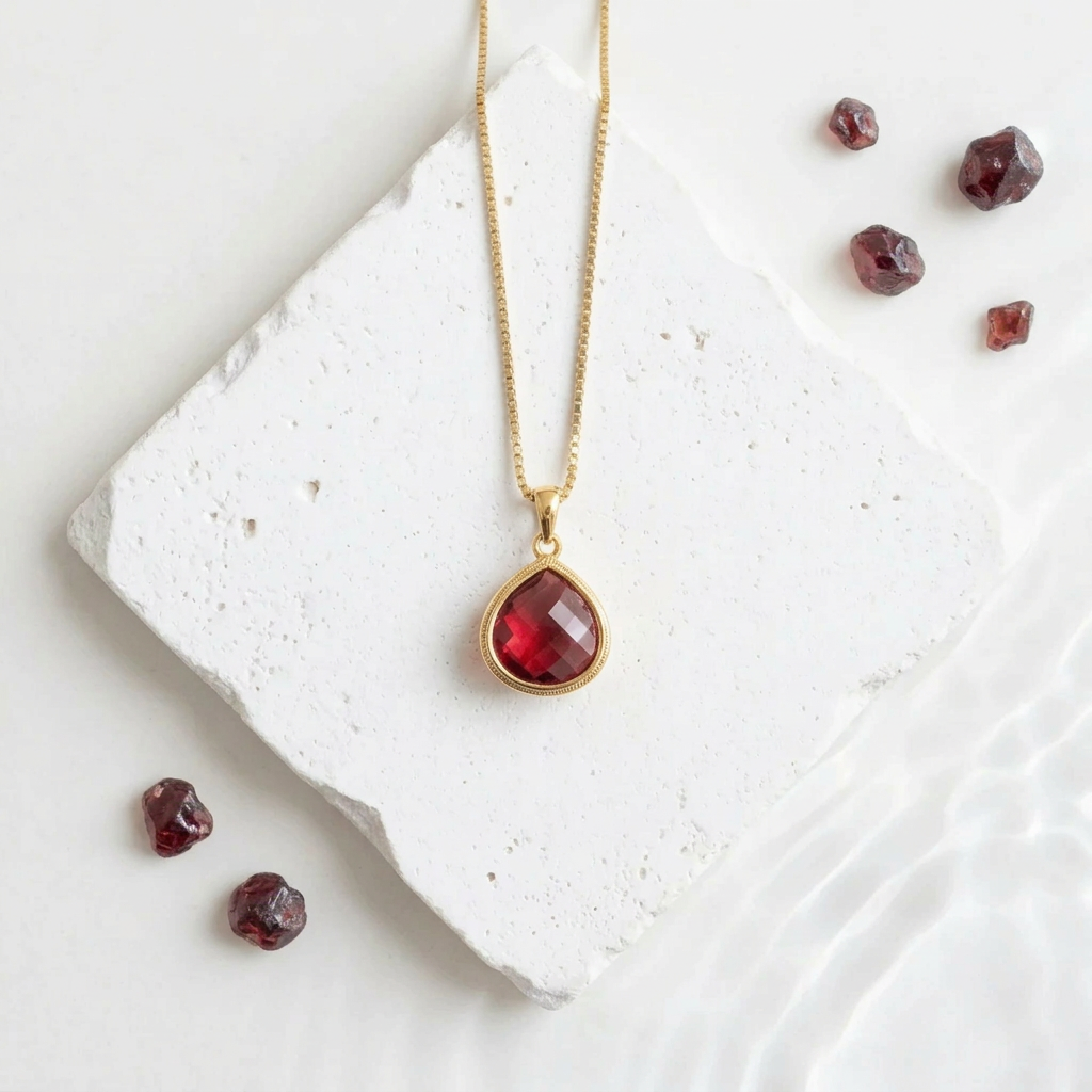 Gold Elegant Pebble necklace with ruby red faceted glass pendant, July birthstone colour