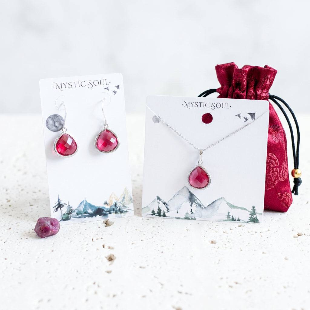 Silver ruby red faceted glass Elegant Pebble necklace and leverback earrings with gift tag and satin pouch