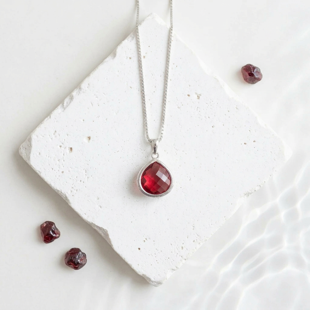 Silver Elegant Pebble necklace with ruby red faceted glass drop, July birthstone colour