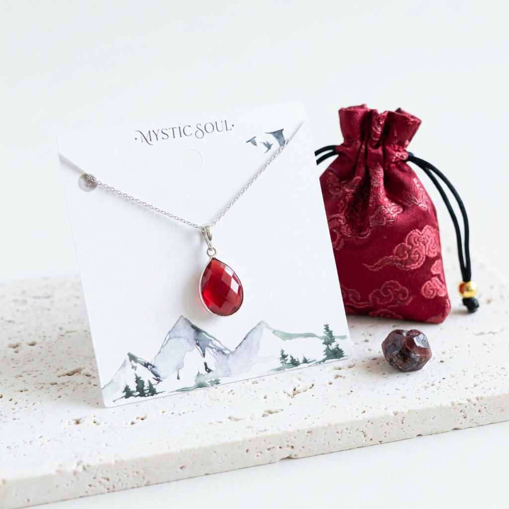 Faceted ruby red hydro quartz necklace in silver with Mystic Soul gift tag and satin pouch