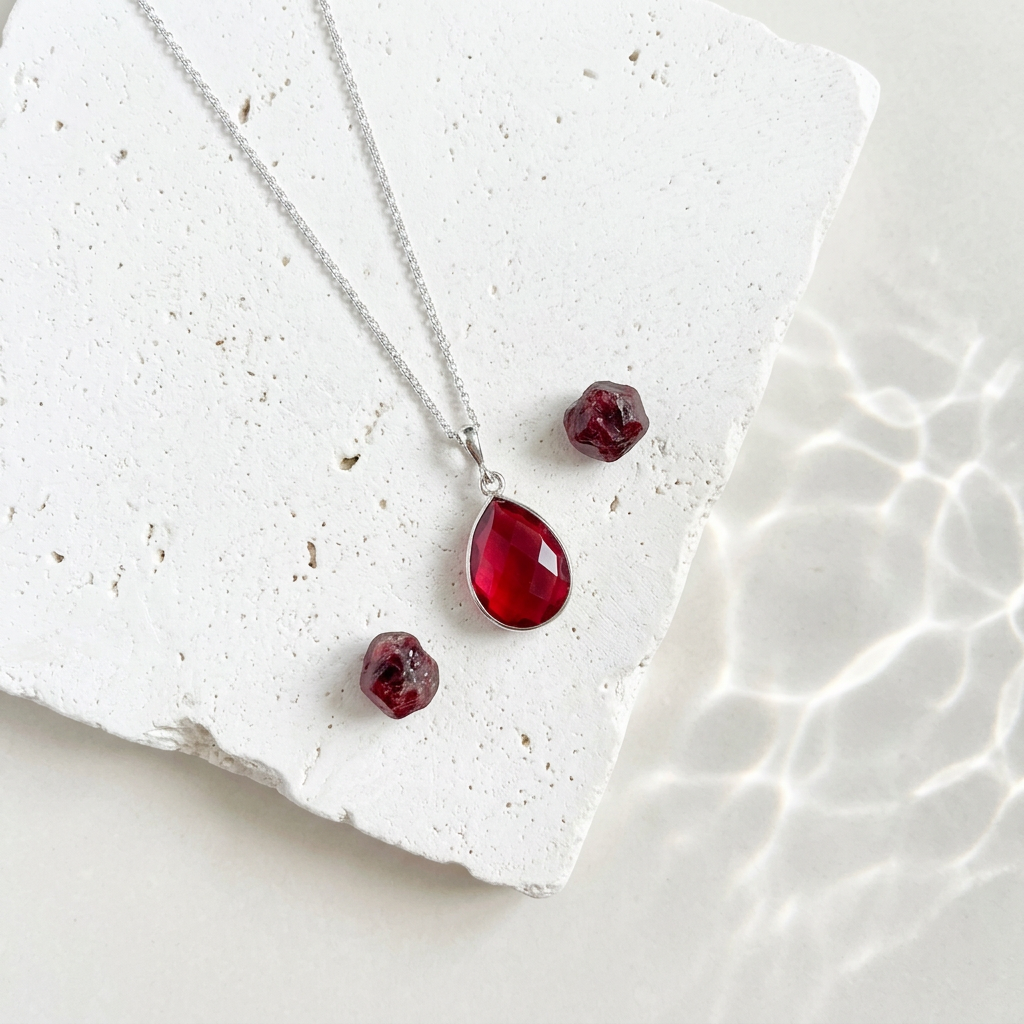 Silver necklace with faceted ruby red hydro quartz pendant, July birthstone alternative