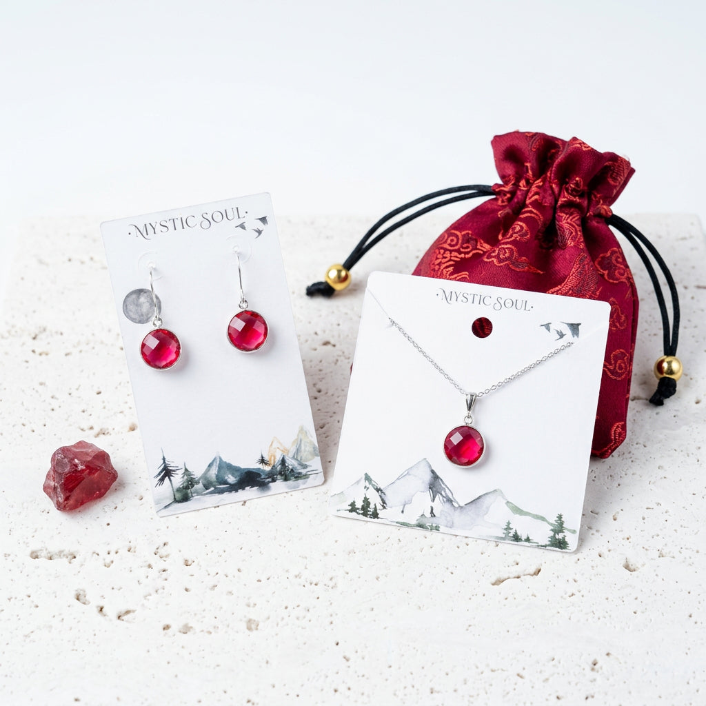 Round ruby red hydro quartz necklace and earrings in silver with Mystic Soul gift tag and satin pouch