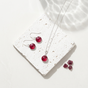 Silver round ruby red hydro quartz necklace and matching drop earrings set, July birthstone alternative