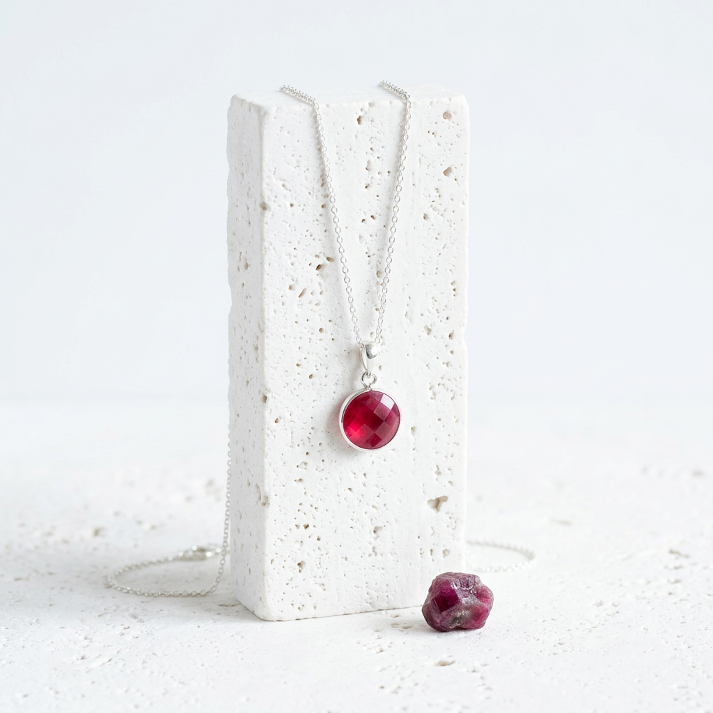 Round faceted ruby red hydro quartz pendant necklace, July birthstone alternative