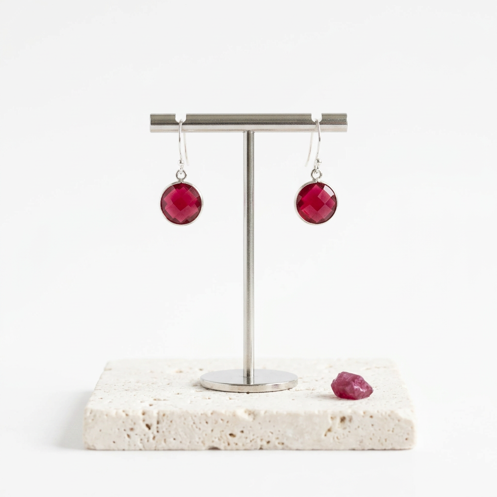 Round faceted ruby red hydro quartz pendant in silver, July birthstone alternative