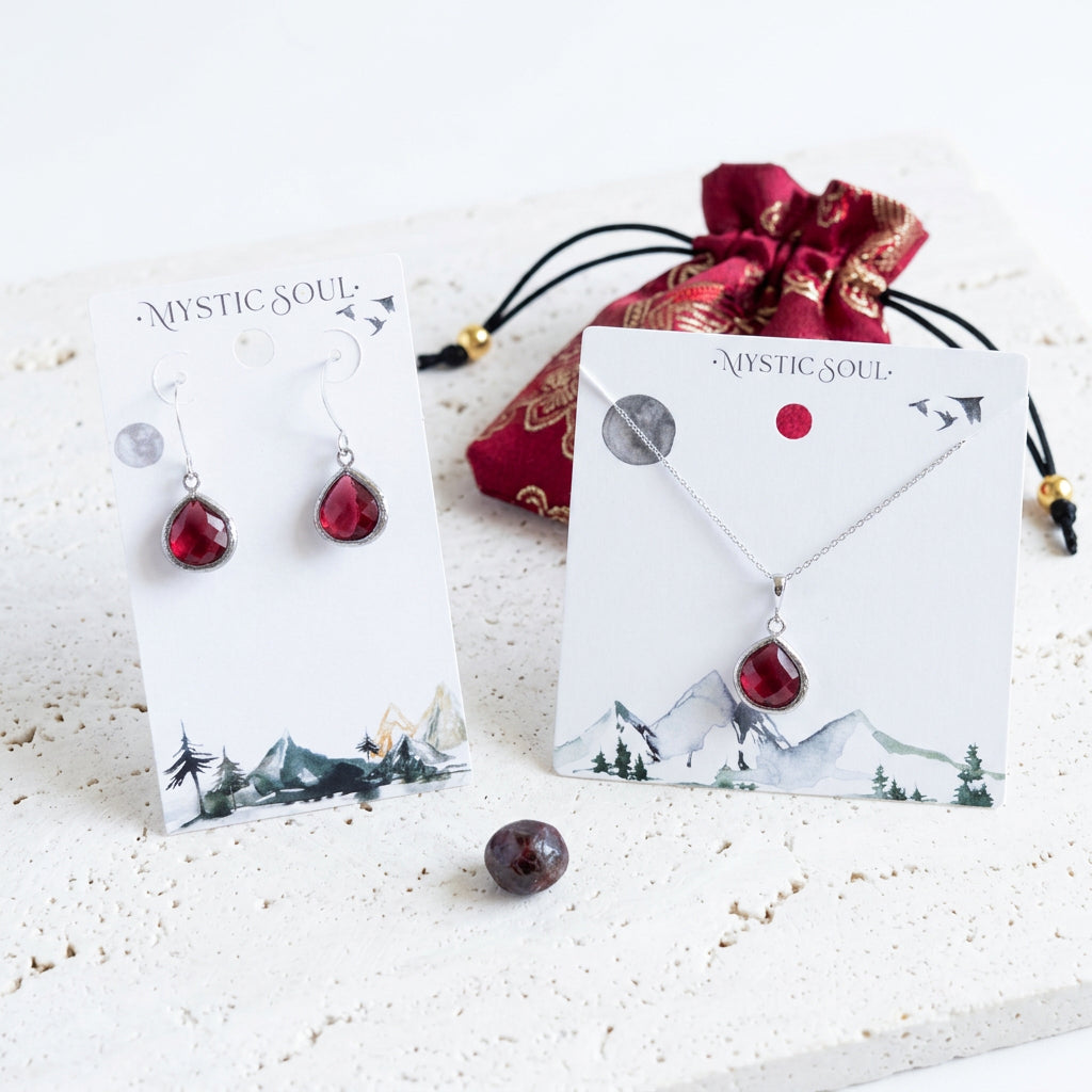 Silver Mini Pebble necklace and earrings in ruby red faceted glass with gift tag and pouch, July birthstone colour