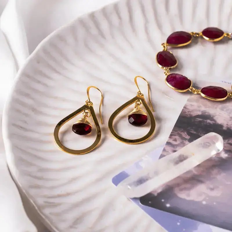 Ruby Red Treated Quartz Gemstone Drop Earrings | Hammered Gold Teardrops - Mystic Soul Jewelry