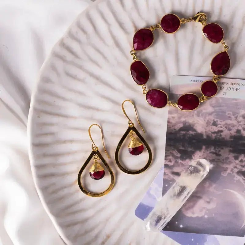 Ruby Red Treated Quartz Gemstone Drop Earrings | Hammered Gold Teardrops - Mystic Soul Jewelry