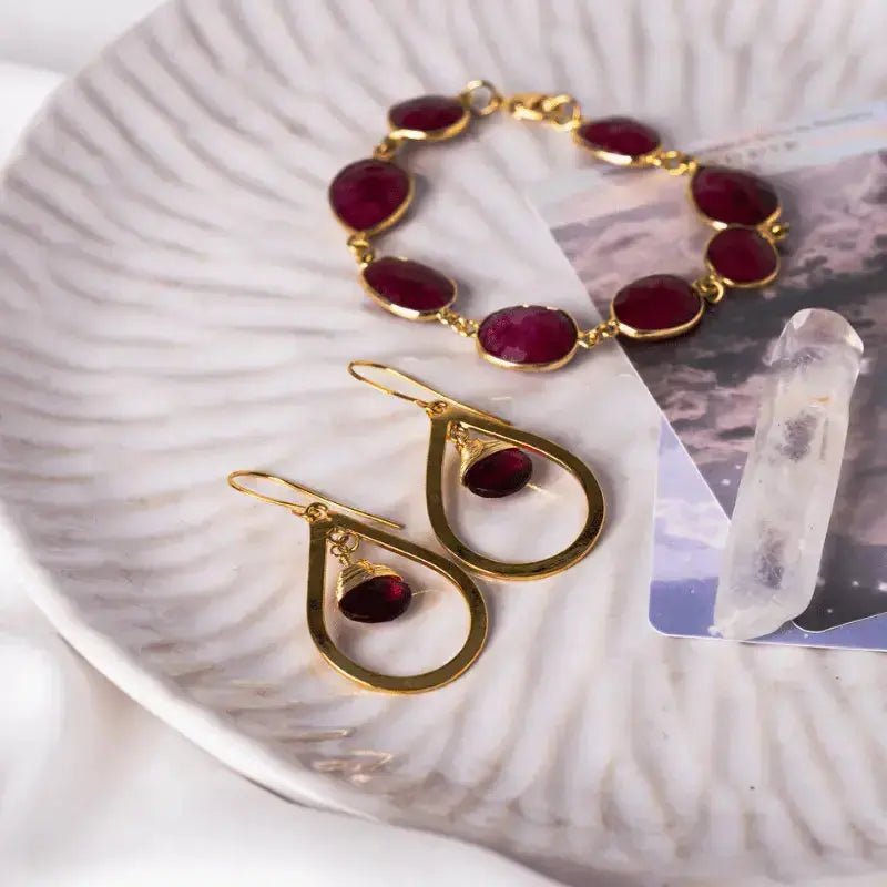 Ruby Red Treated Quartz Gemstone Drop Earrings | Hammered Gold Teardrops - Mystic Soul Jewelry