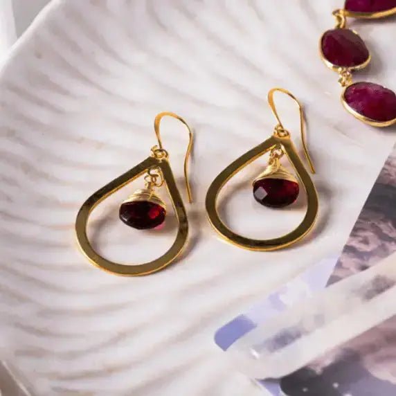 Ruby Red Treated Quartz Gemstone Drop Earrings | Hammered Gold Teardrops - Mystic Soul Jewelry