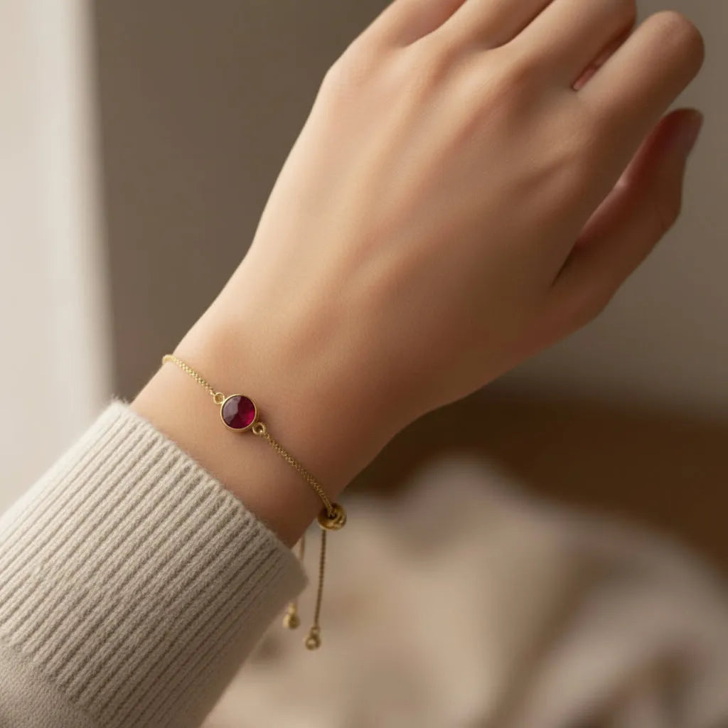 ruby gold bracelet on quartz with rose quartz
