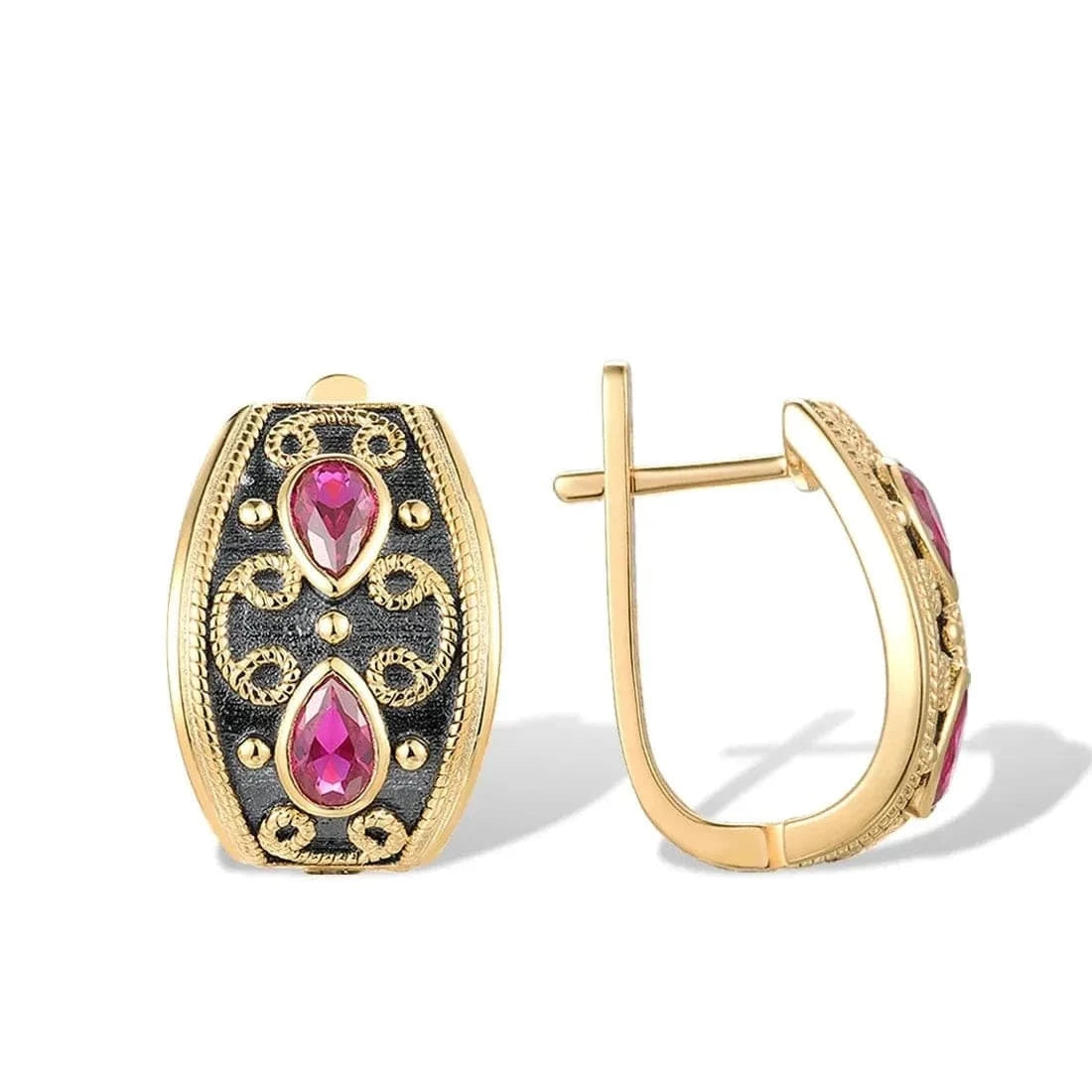 Gold earrings with pink gemstones on a white background, featuring the Santezza brand.